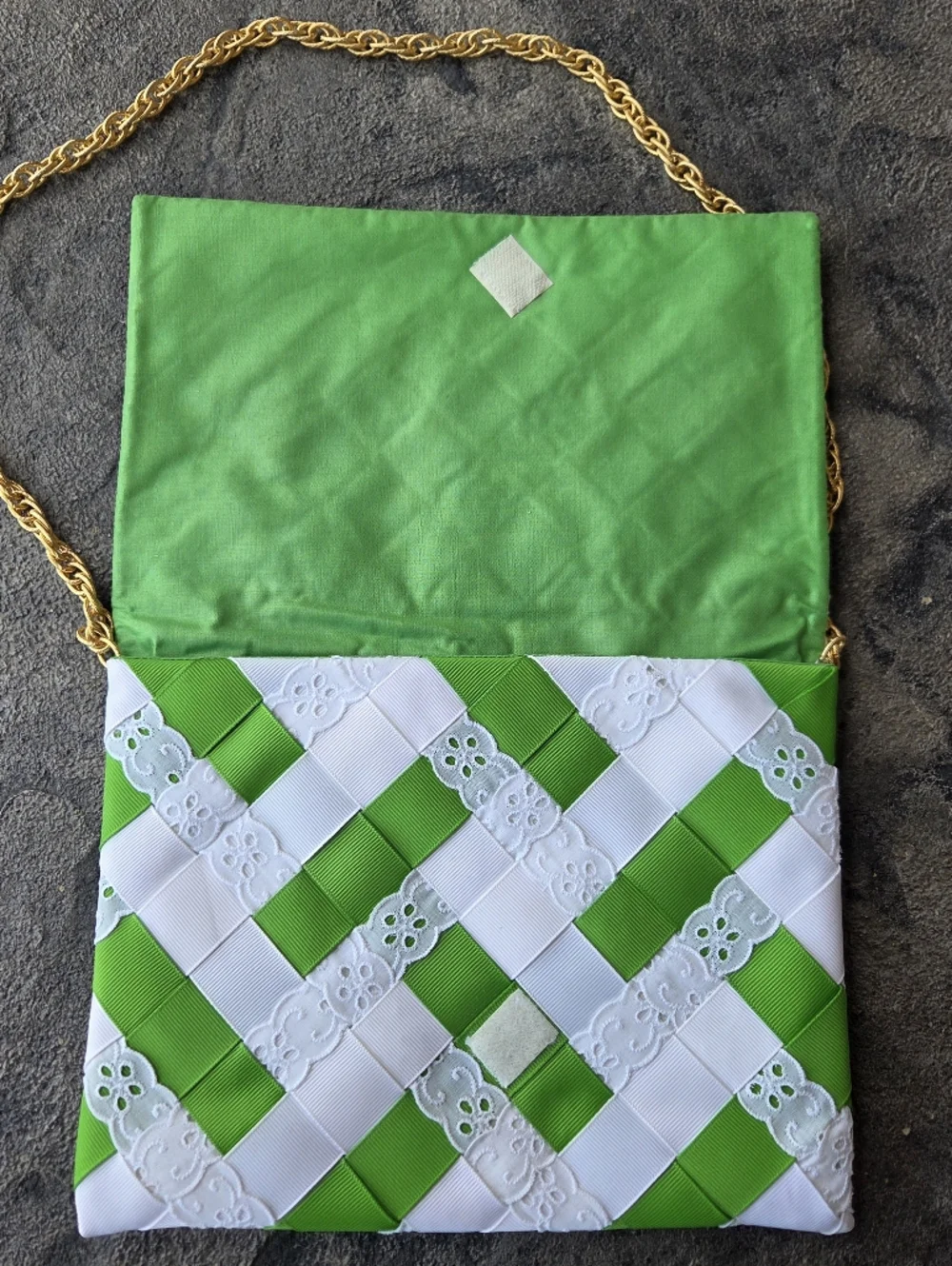 Green and White Vintage BABS' Hand Woven Ribbon Shoulder Clutch Gold Chain Strap